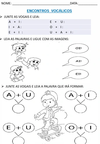 Atividade de alfabetização: encontros vocálicos