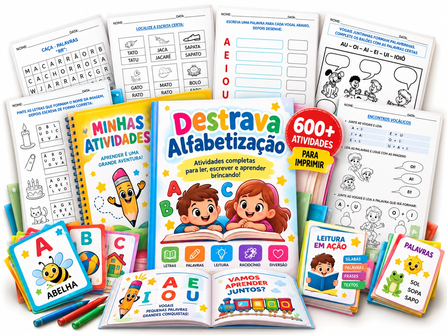 Mockup do Destrava Alfabetização com várias atividades educativas para imprimir